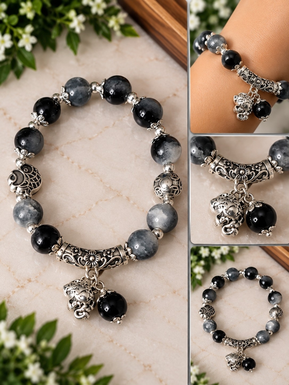 Black & Gray Beaded Elephant Charm Bracelet